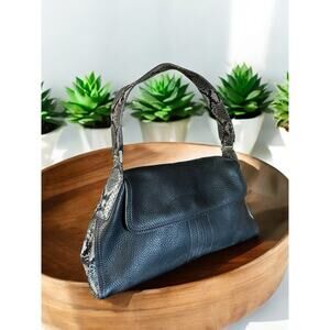 Vtg Kenneth Cole NY Handbag Black Pebbled Leather Shoulder Bag Gray Snake Print
